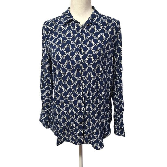 Talbots Petite Button Down Shirt Collar Blue Butterflies Womens Large LP - Picture 1 of 10